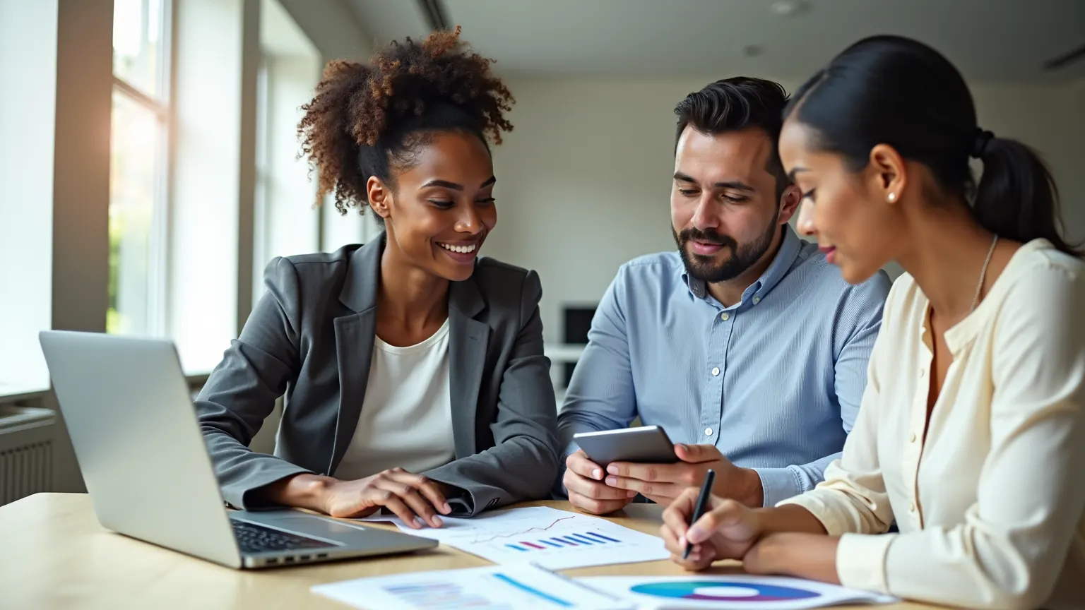 A diverse finance team reviewing reports together in a bright office
